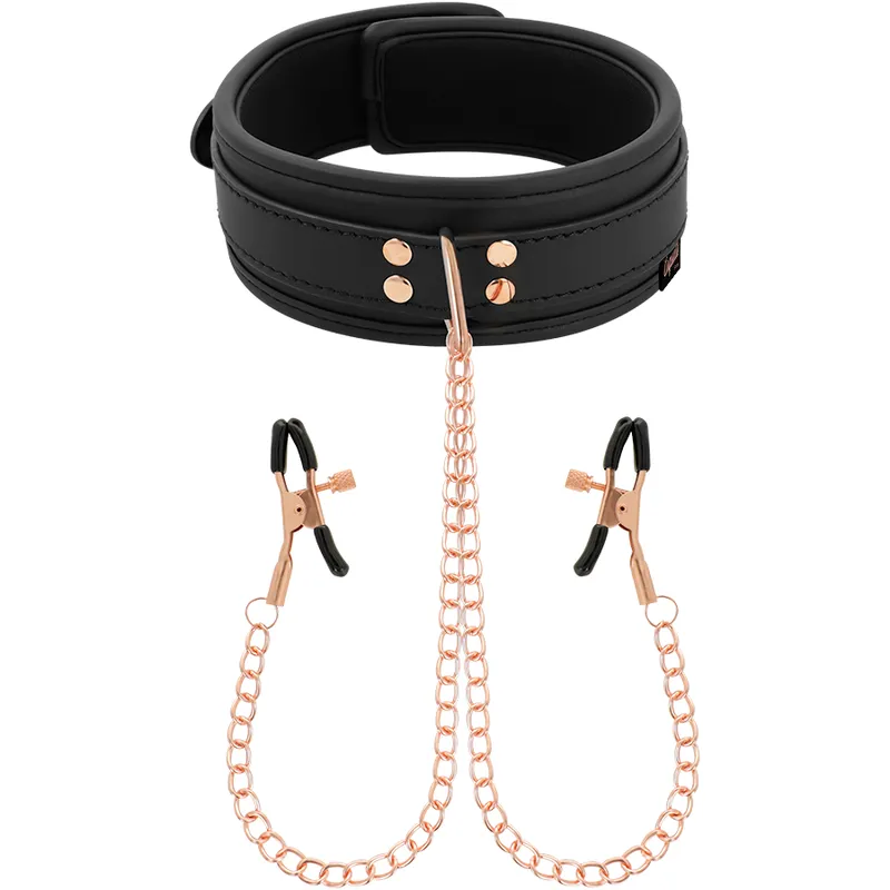 Collier Cuir Vegan avec Pinces Tétons Chaîne - Coquette Fantasy