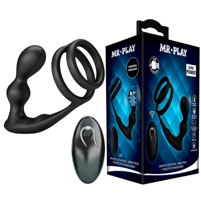 Anneau pénien vibrant avec plug anal noir - Mr Play