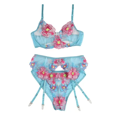 Ensemble lingerie floral bleu soutien-gorge, culotte et porte-jarretelles L/XL - Subblime