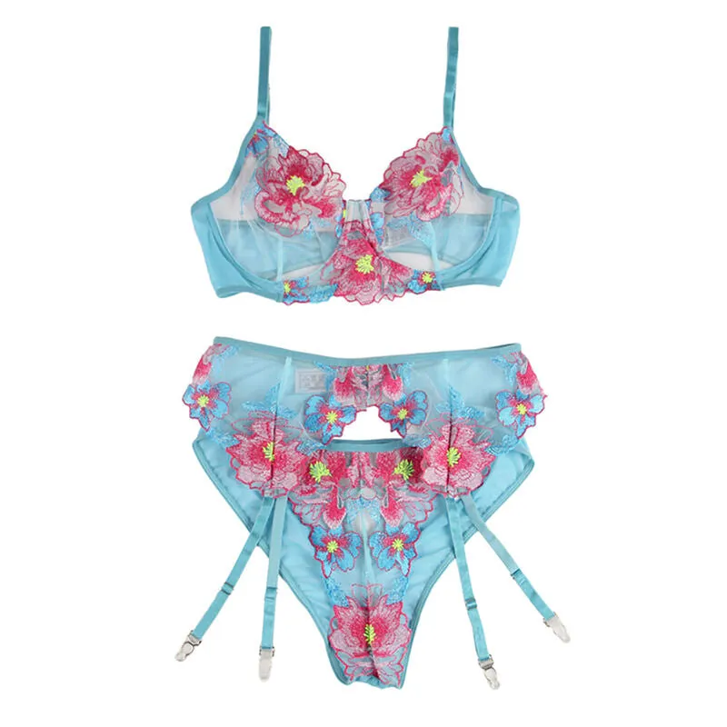 Ensemble lingerie floral bleu soutien-gorge, culotte et porte-jarretelles L/XL - Subblime