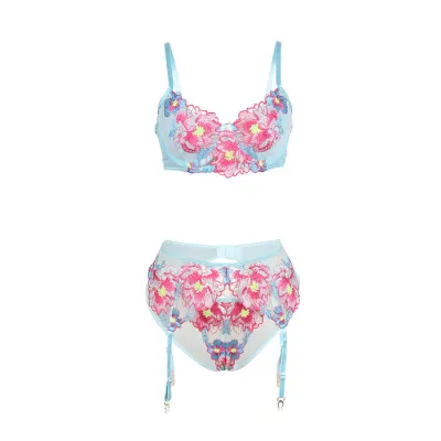 Ensemble Soutien-Gorge Porte-Jarretelles Brodé Fleurs Rose S/M - Subblime