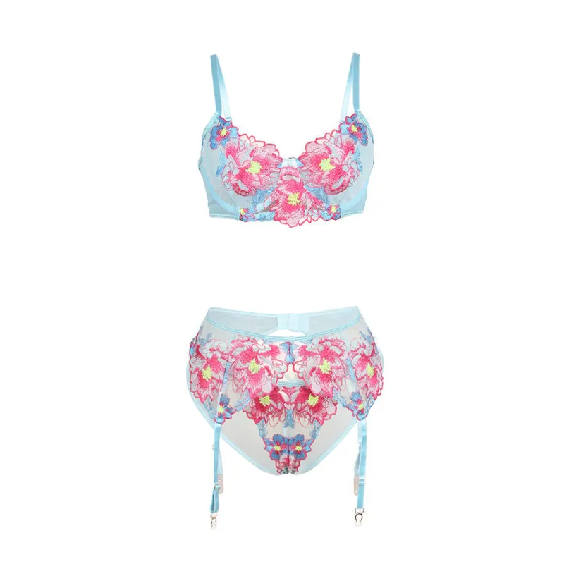 Ensemble Soutien-Gorge Porte-Jarretelles Brodé Fleurs Rose S/M - Subblime