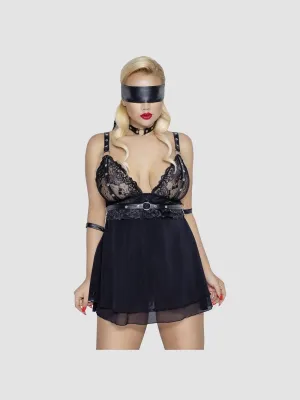 Nuisette Babydoll Dentelle, Sangles & Menottes Noire GT