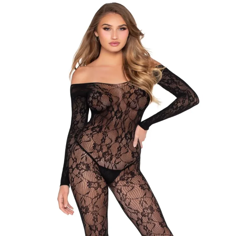 Bodystocking Dentelle Florale Noir Taille Unique - Leg Avenue