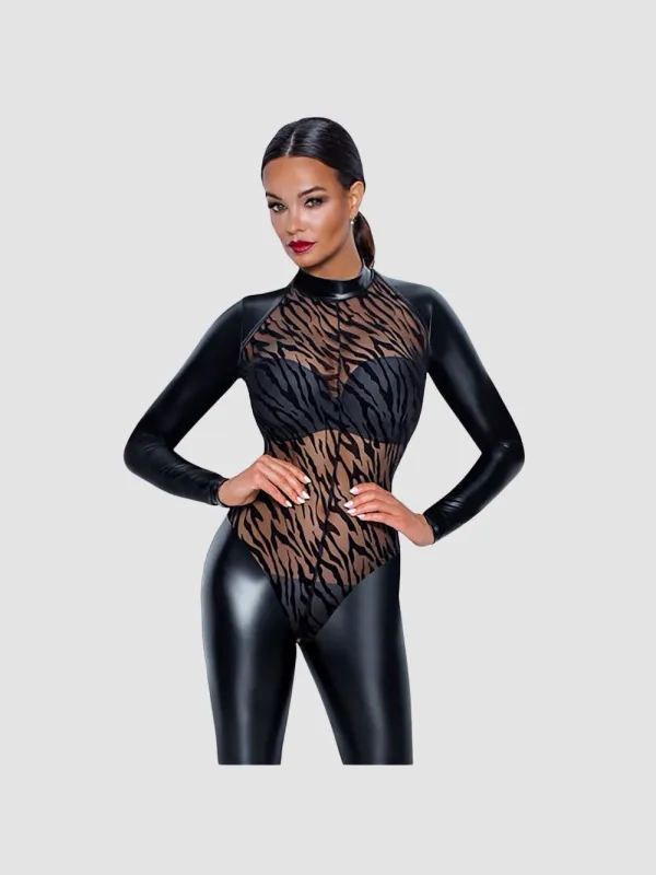 Combinaison Maille Transparente & Wetlook Motif Tigre Noire