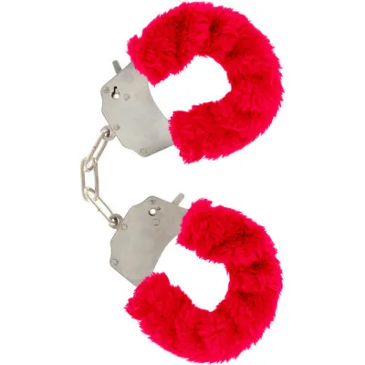 Menottes en fourrure rouge avec chaîne chromée - Toyjoy