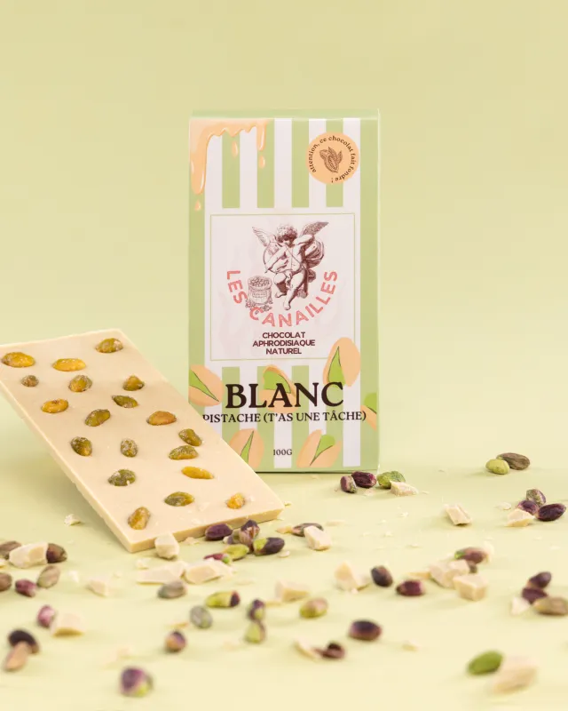 Les Canailles Tablette de Chocolat Aphrodisiaque BLANC Pistache 100g
