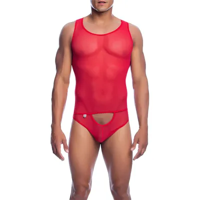 Body transparent en résille rouge taille L/XL - MaleBasics