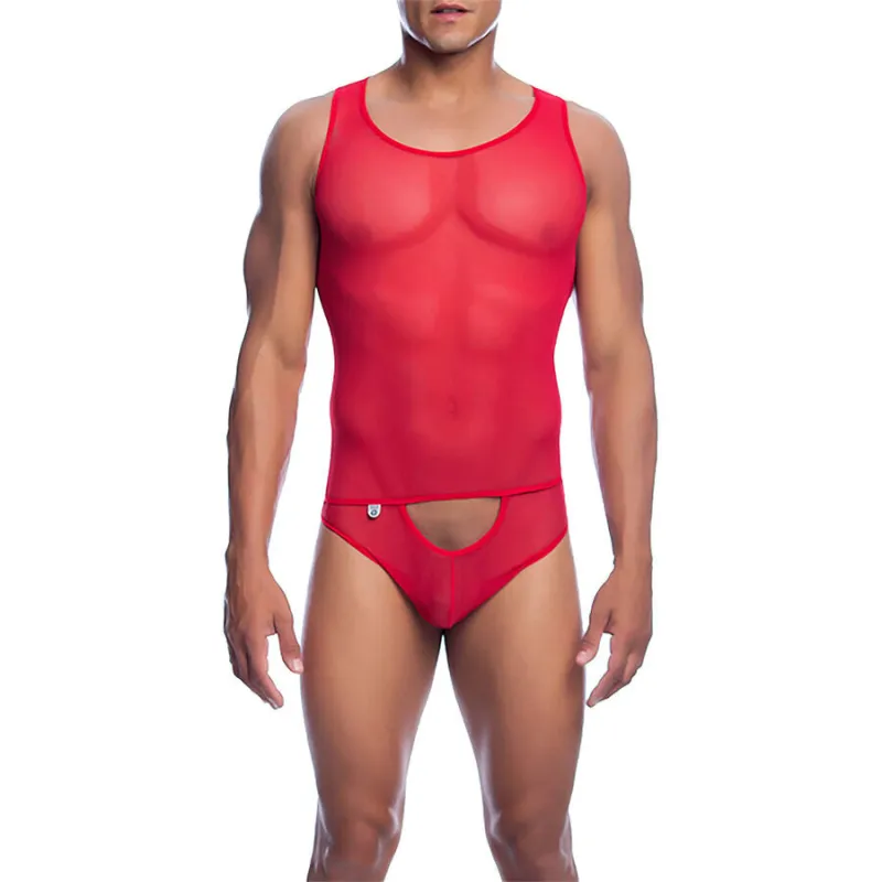 Body transparent en résille rouge taille L/XL - MaleBasics