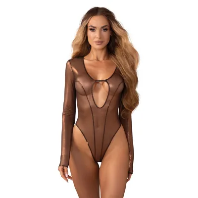 Obsessive Soranna Body Ouvert à l’Entrejambe à Manches Longues Marron L/XL