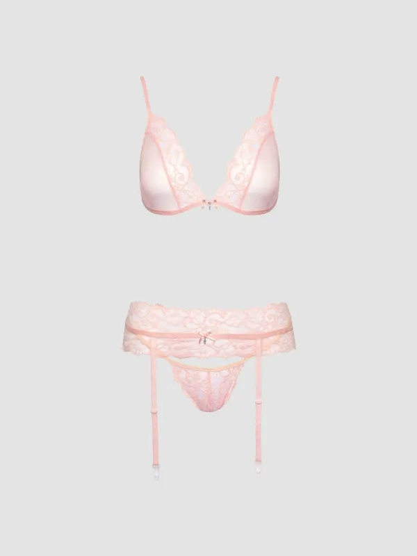 Ensemble 3 pièces dentelle rose