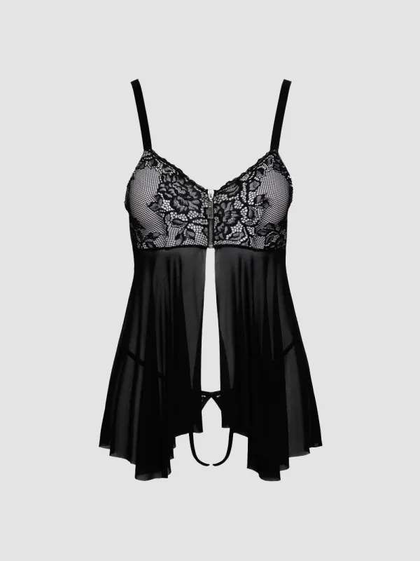 Nuisette babydoll motif floral noir