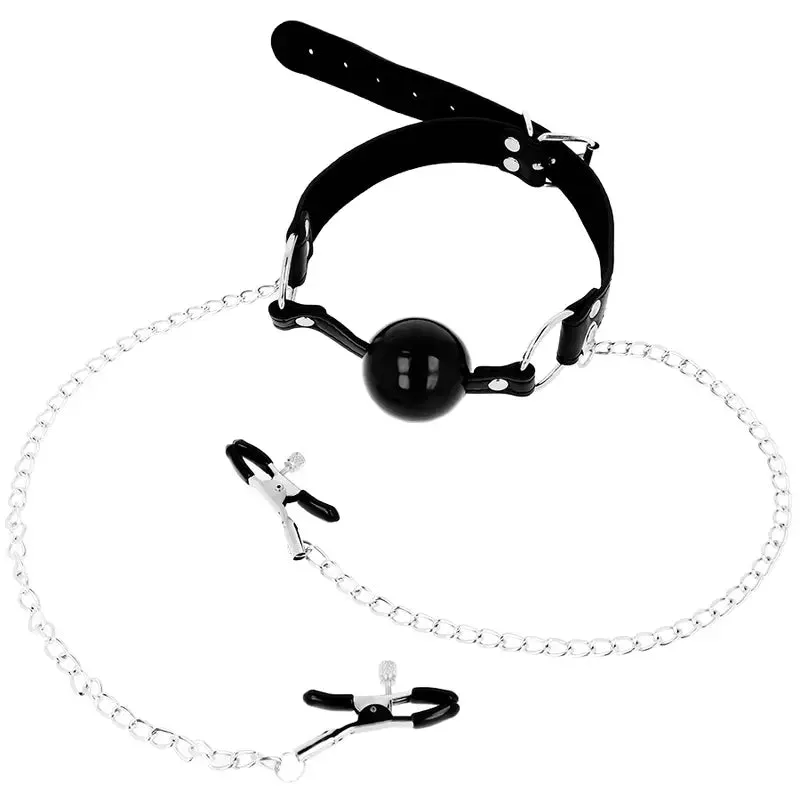 Kit Bondage Baillon Boule et Pinces Tétons Noir - Ohmama