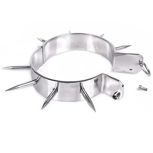 Collier BDSM chromé à pointes avec anneau en O - Metal Hard