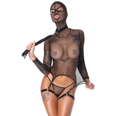 Bad Kitty - Ensemble Résille avec Cagoule et Flogger - Noir