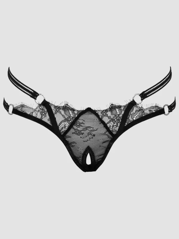 String ouvert dentelle & lanières strass noir