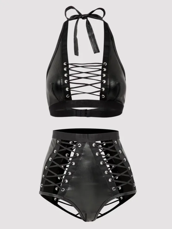 Ensemble soutien-gorge et culotte ouverte effet cuir noir Fierce GT