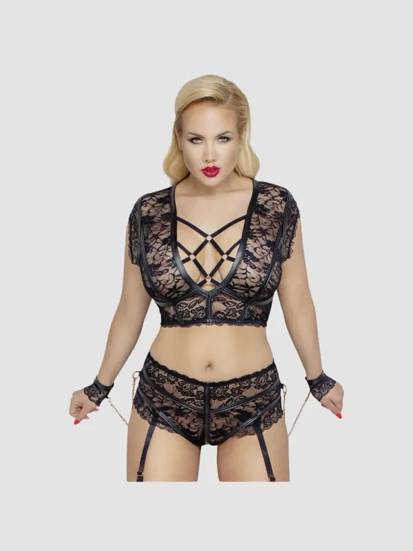 Ensemble 2 Pièces Dentelle, Lanières & Menottes Noir GT