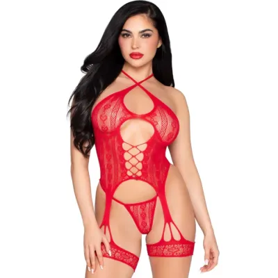 Body Ouvert Dentelle Porte-Jarretelles String Rouge - Leg Avenue