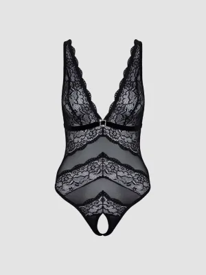 Body ouvert dentelle & maille transparente noir
