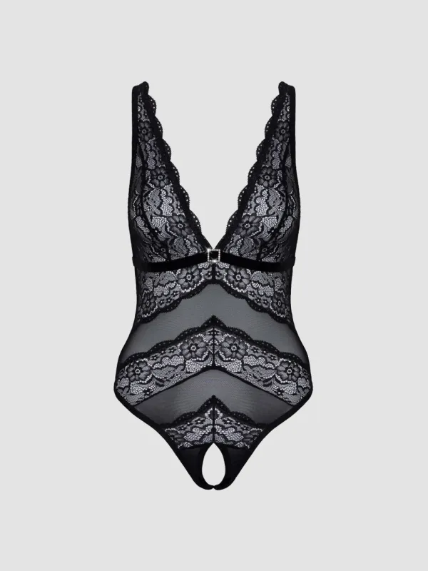 Body ouvert dentelle & maille transparente noir