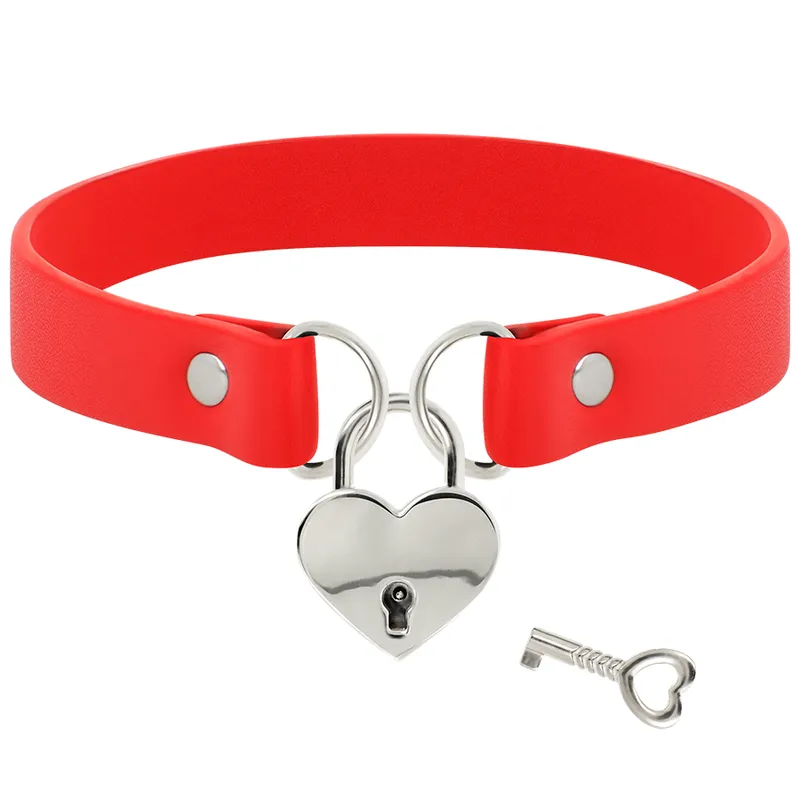Collier Fétiche Cuir Végan Rouge Cœur et Clé - Coquette
