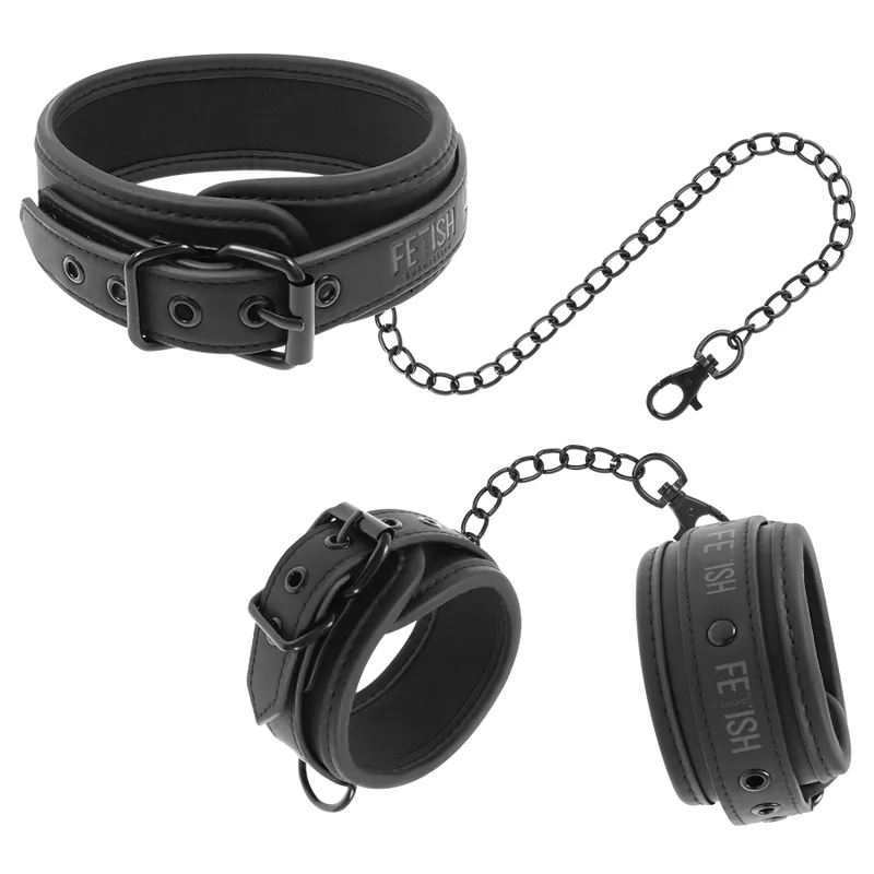 Ensemble Menottes Cuir et Collier BDSM Noir - Fetish Submissive