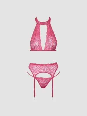 Ensemble 3 pièces dentelle rose fuchsia