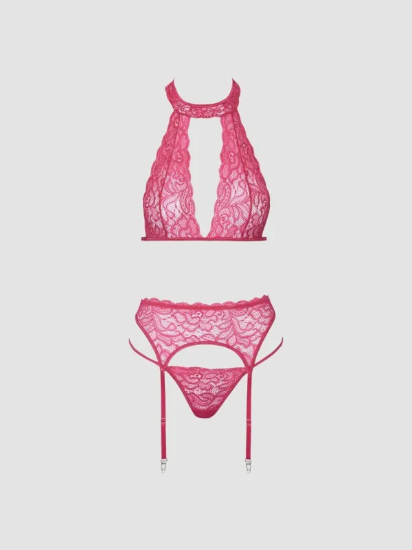 Ensemble 3 pièces dentelle rose fuchsia