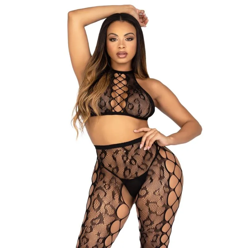Leg Avenue - Crop Top et Collant Entrejambe Ouvert - Noir