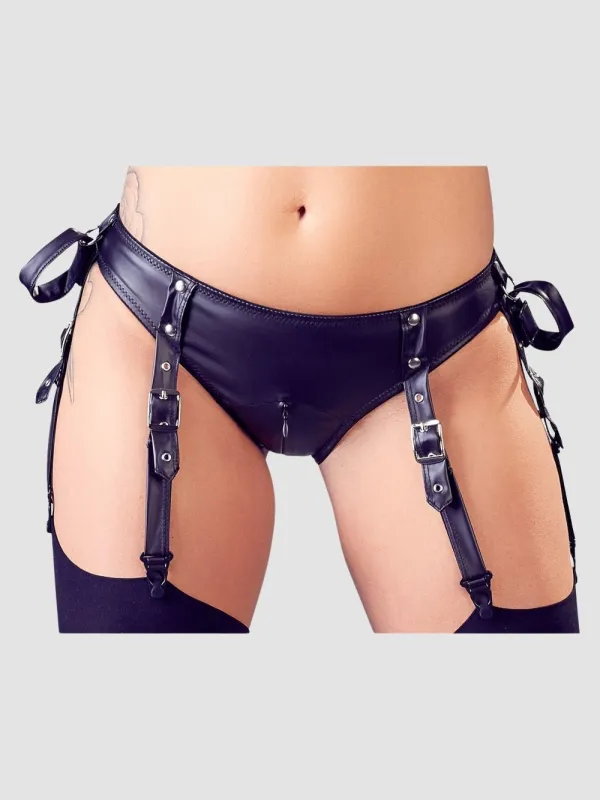Soutien-Gorge Harnais Ouvert & Culotte Porte-Jarretelles À Menottes