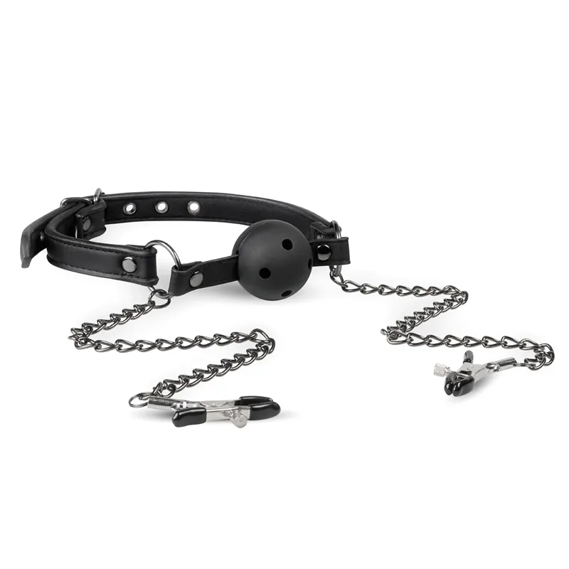Easytoys Fetish - Bâillon à boule ouvert avec pinces à tétons