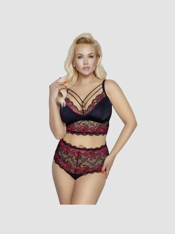 Ensemble 2 Pièces Dentelle Florale Noir & Rouge