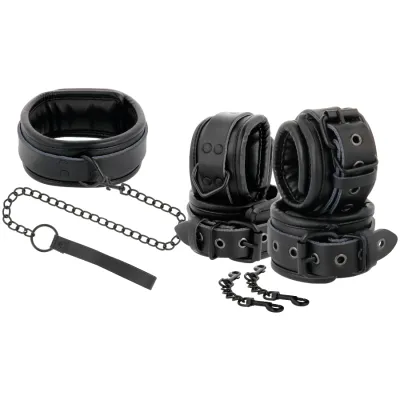 Kit BDSM Menottes et Collier Cuir Noir - Darkness