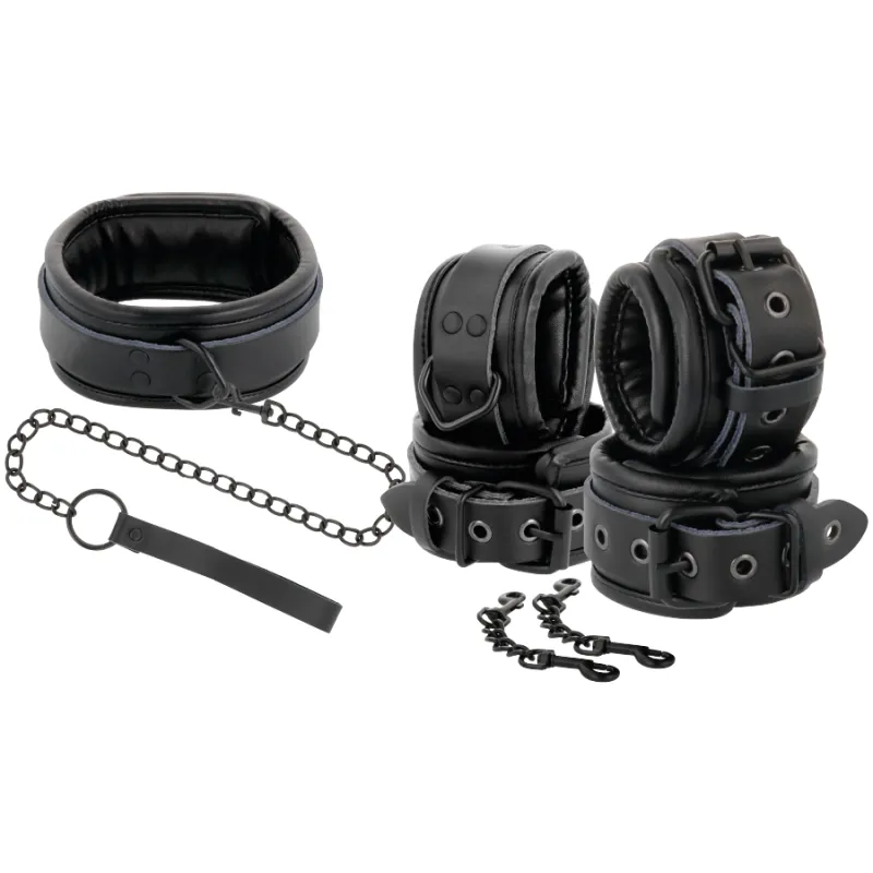 Kit BDSM Menottes et Collier Cuir Noir - Darkness