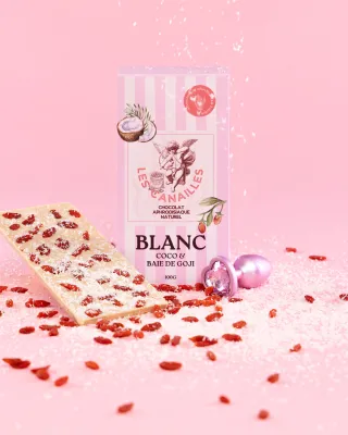 Les Canailles Tablette de Chocolat Aphrodisiaque BLANC Coco & Baie de Goji 100g