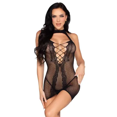 Leg Avenue – Mini-Robe Halter Résille Cœurs – Noir