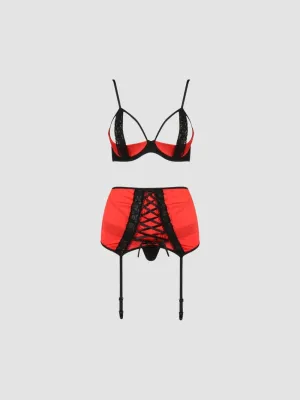 Ensemble 3 Pièces Porte-Jartelles Femmina Devil Collection Rouge Satiné