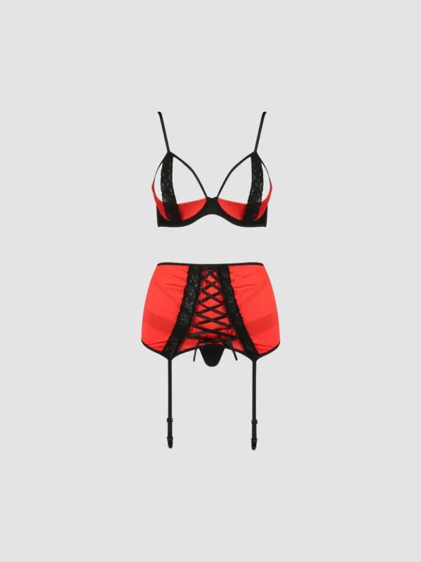 Ensemble 3 Pièces Porte-Jartelles Femmina Devil Collection Rouge Satiné