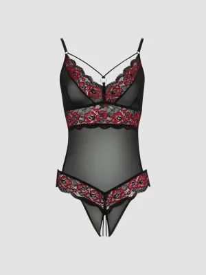 Body Maille Transparente, Dentelle Noir & Rose