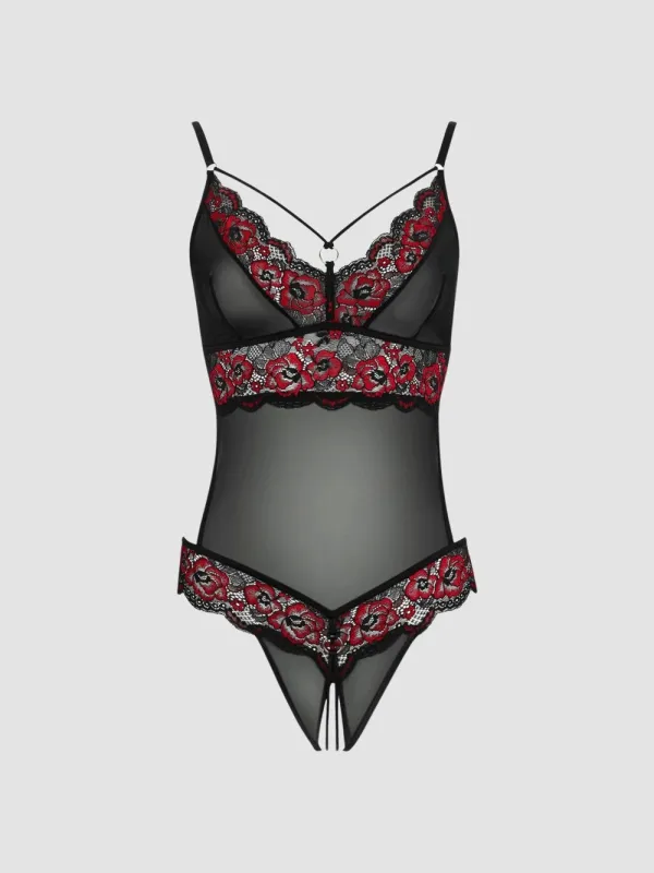 Body Maille Transparente, Dentelle Noir & Rose