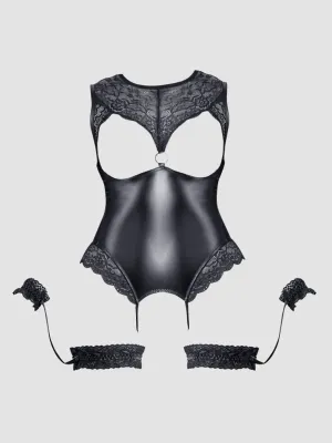 Body Ouvert Effet Cuir & Dentelle Avec Jarretelles Menottes