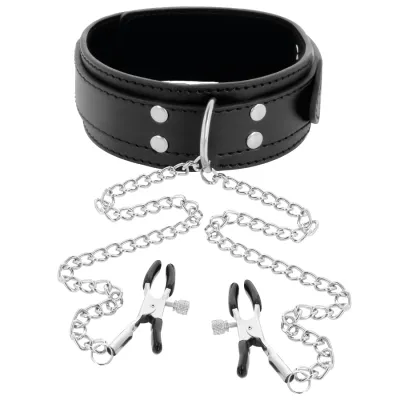 Collier BDSM avec Pinces à Tétons Réglables - Darkness