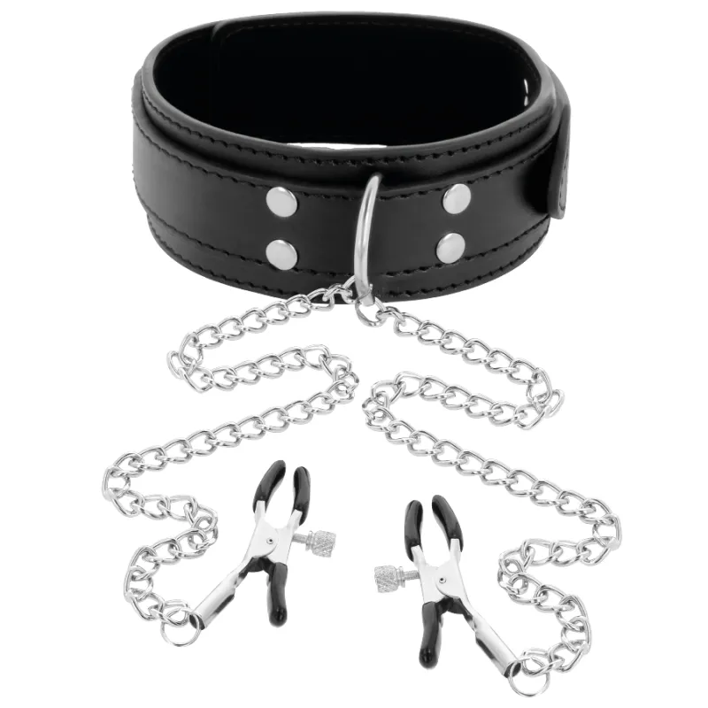 Collier BDSM avec Pinces à Tétons Réglables - Darkness