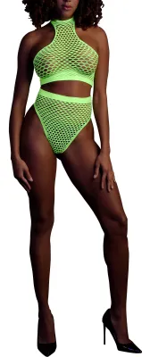 Ouch! Glow Ensemble Bustier et Culotte Filet Vert Fluo