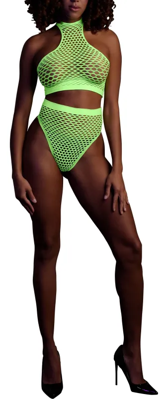 Ouch! Glow Ensemble Bustier et Culotte Filet Vert Fluo