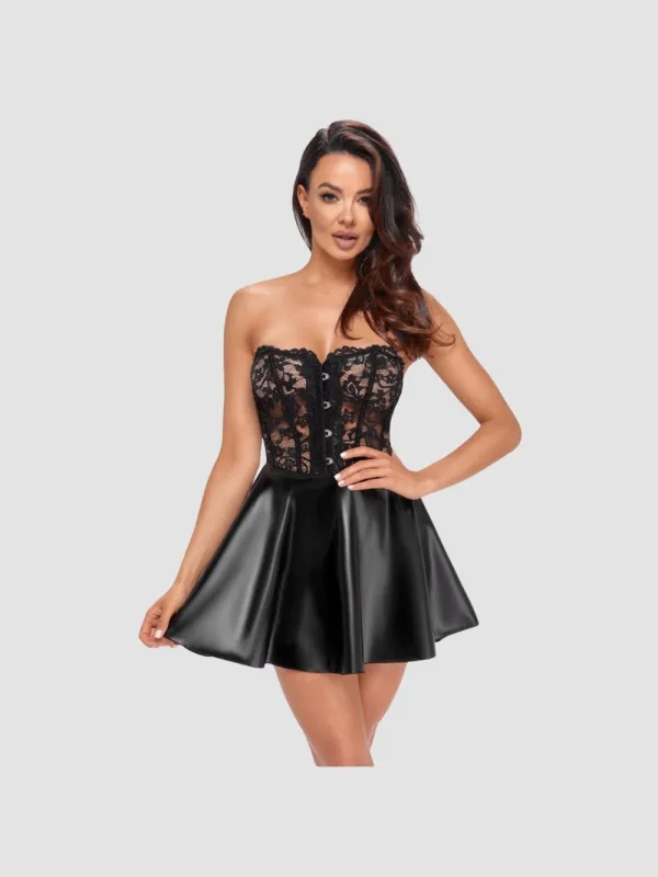 Robe bustier dentelle & wetlook noir