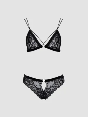Ensemble 2 pièces lanières & dentelle fleurs noir