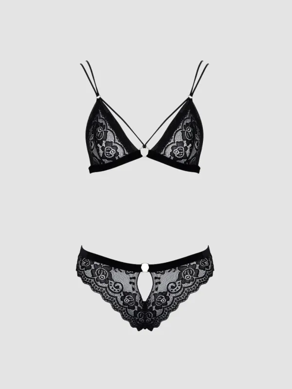 Ensemble 2 pièces lanières & dentelle fleurs noir