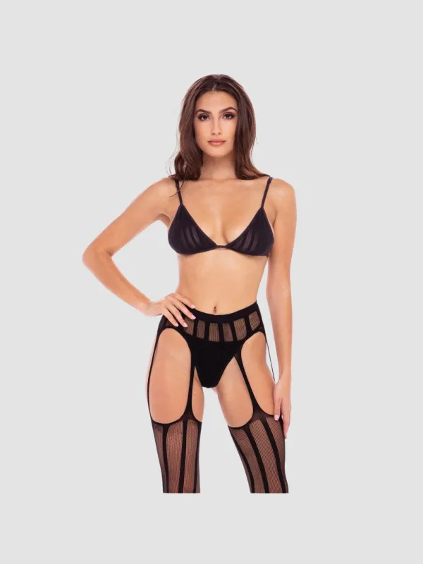 Ensemble 3 Pièces Collant Porte-Jarretelles Noir